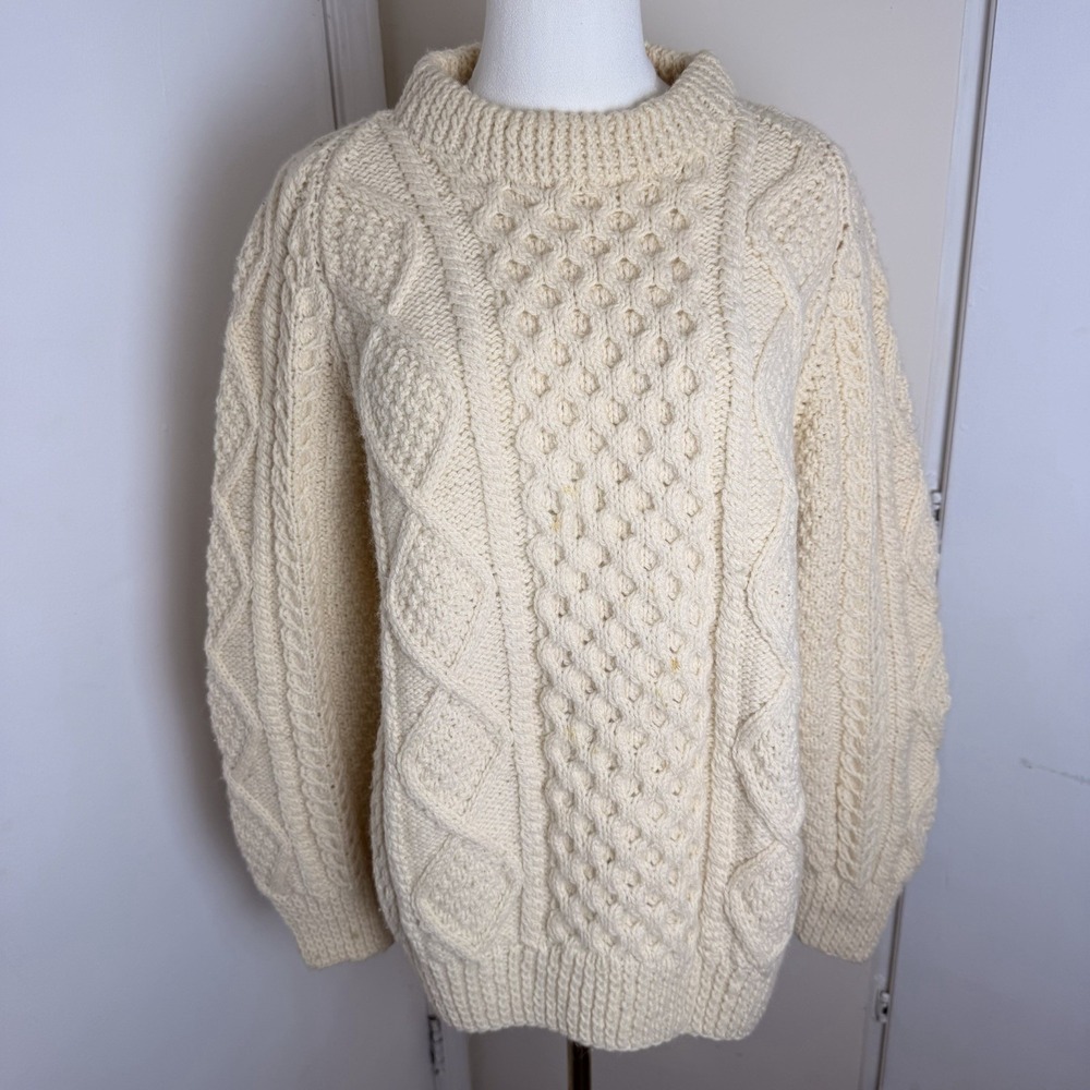 VTG John Molloy Cream 100% Pure Virgin Wool Irish Cable Knit Sweater Sz M/L